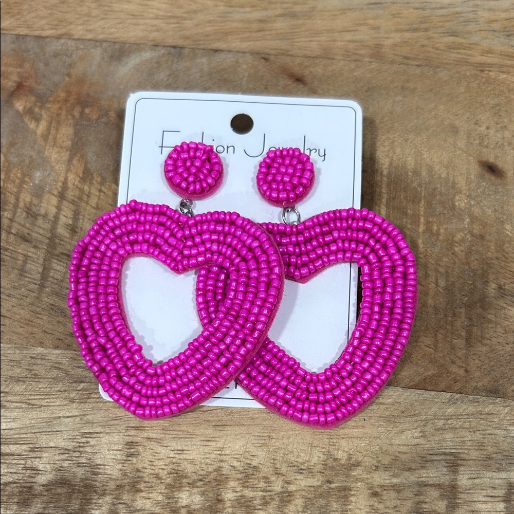 Pink Beaded Heart Earrings